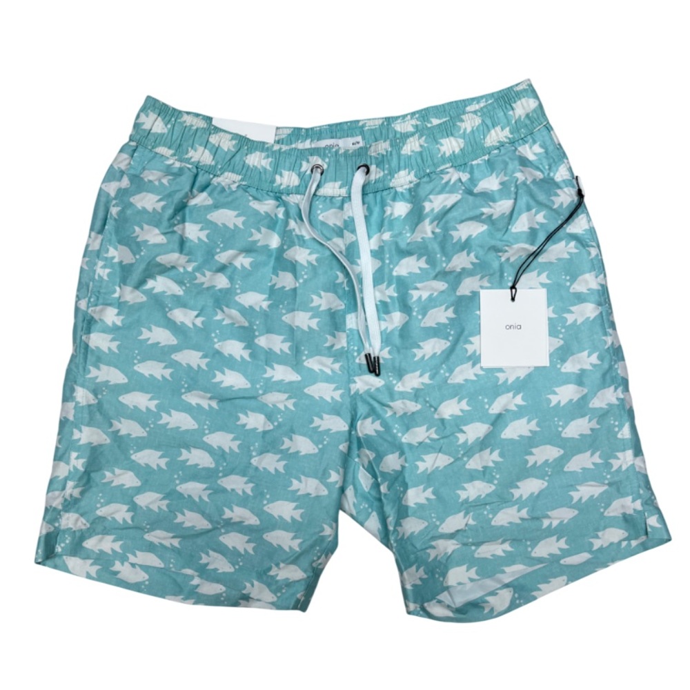 NWT Onia Men's Deep Sea Aqua Fish Print Charles 7" Swim Shorts size M $145.00